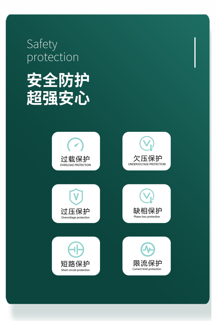 安全防護 超強安心。對過載、欠壓、過壓、缺相、短路、限流等狀況實現智能保護。
